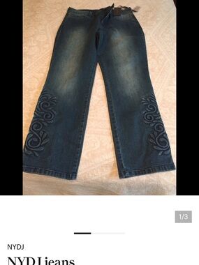NYDJ Dark Indigo Wide Leg Jeans with Embroidered Lower Legs